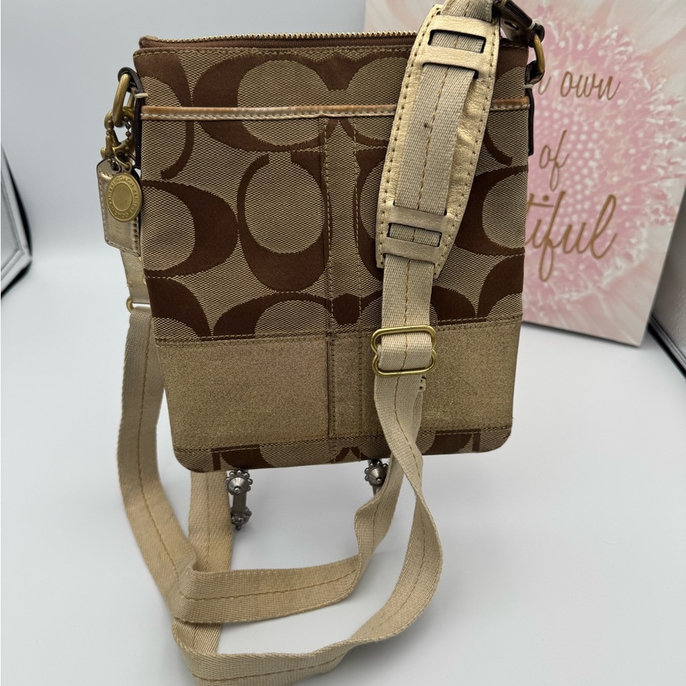 Coach Brown Signature Canvas Crossbody Bag with Tan Strap